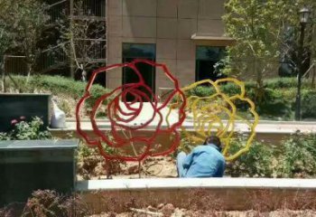 烤漆月季花雕塑 鋼管花卉雕塑 室內花朵雕塑