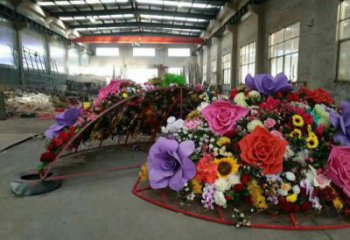 鋼鑄花籃雕塑定價，街頭雕塑，烤漆葵花花籃雕塑定價