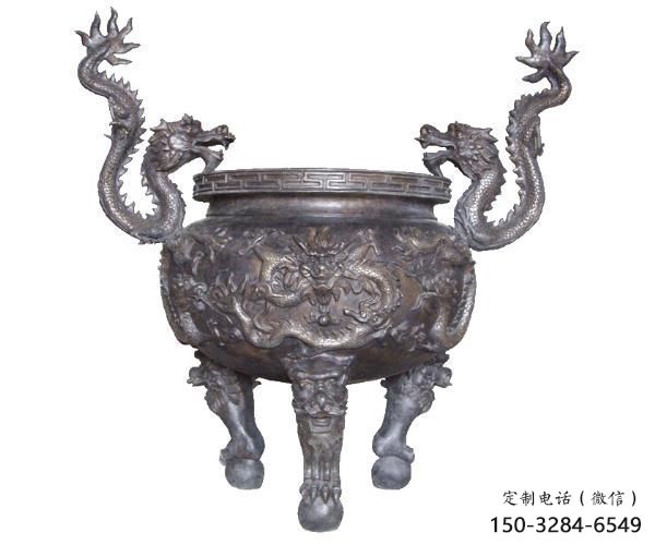 雙耳龍頭三足爐銅雕塑 雙耳龍頭三足爐銅雕塑