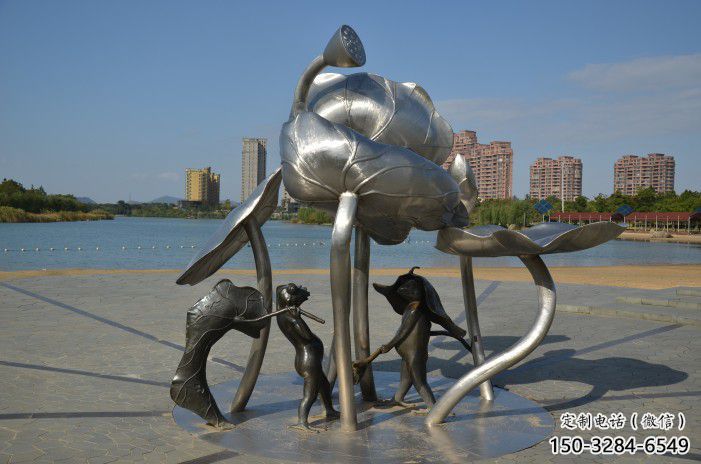 三明蓮蓬嬉戲雕塑，城市植物景觀雕塑，不銹鋼鏡面效果