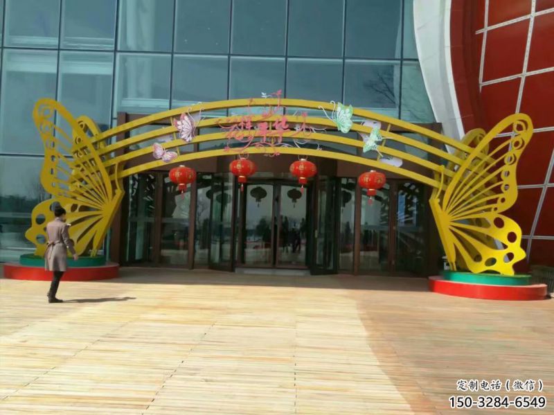安陽(yáng)蝴蝶拱門雕塑，鏤空烤漆效果，不銹鋼小區(qū)標(biāo)識(shí)雕塑
