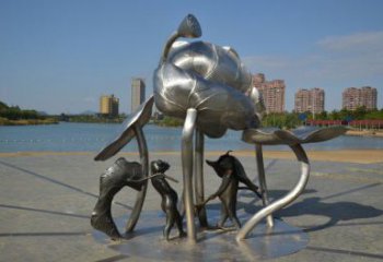 歷下蓮蓬嬉戲雕塑，城市植物景觀雕塑，不銹鋼鏡面效果